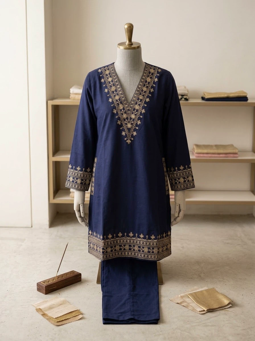 Navy Embroidered Kurta Set - photo 2