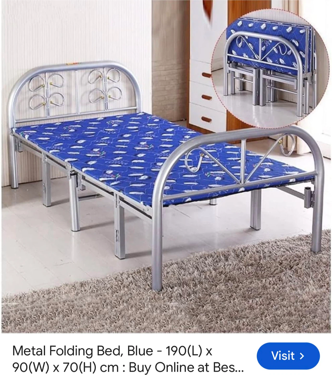 Metal Folding Bed, Blue