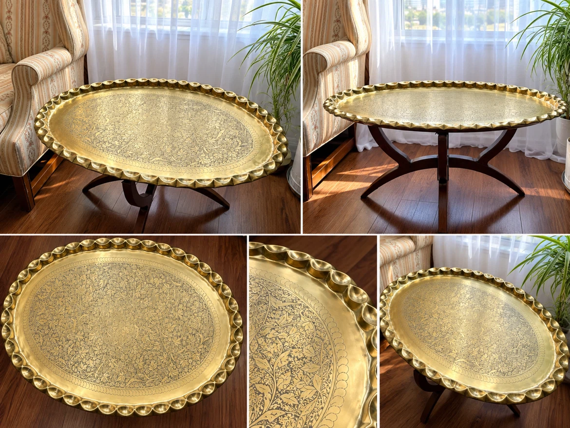 Vintage Brass Etched Tray Coffee Table