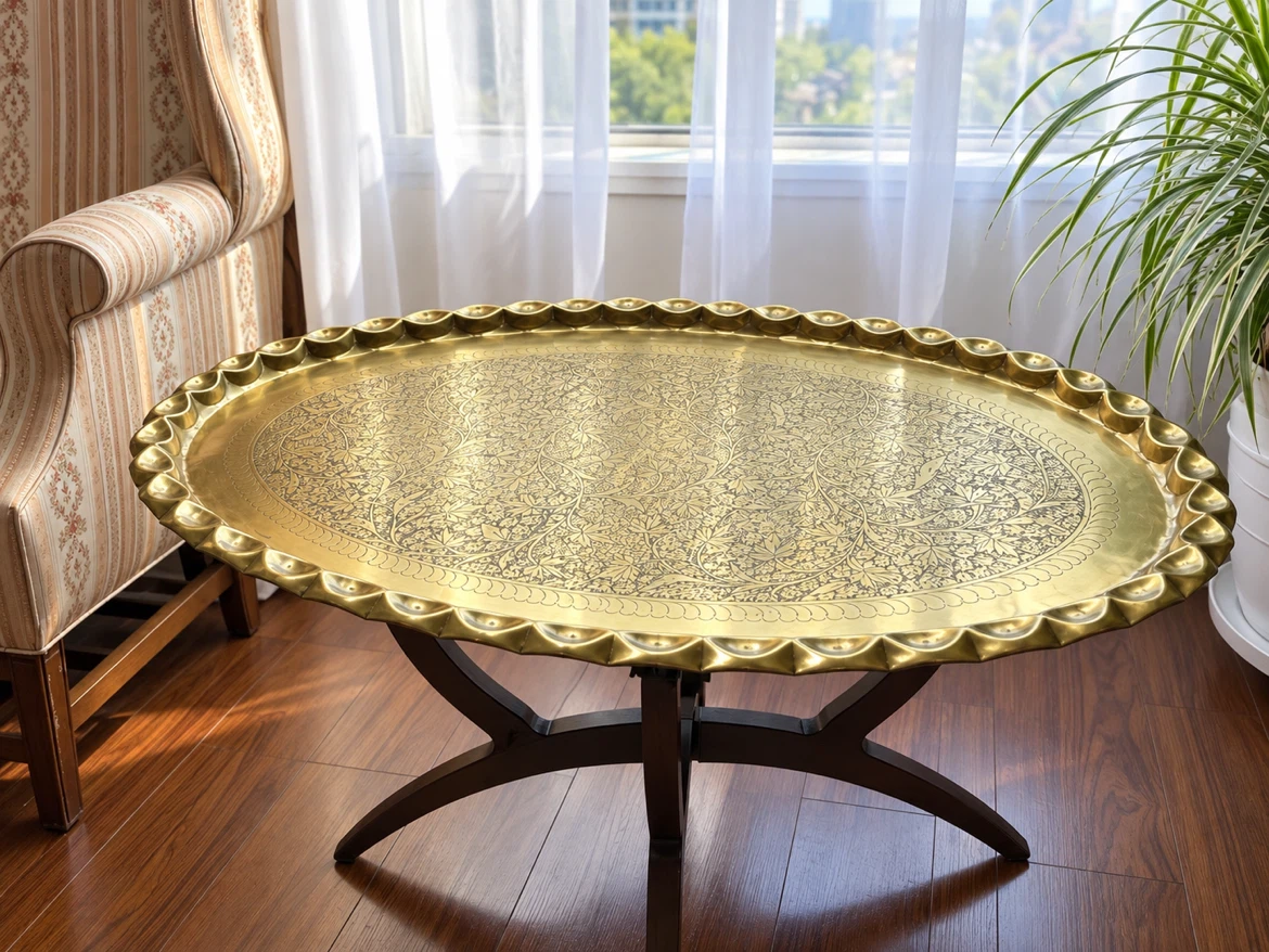 Vintage Brass Etched Tray Coffee Table - photo 2