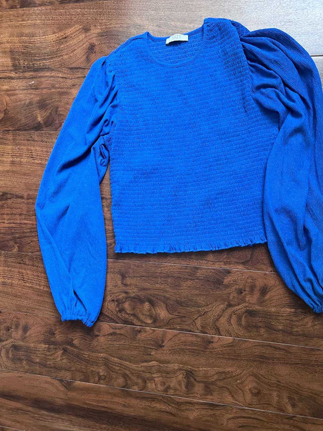 Suzy Shier Smocked Long Sleeve Top Blue