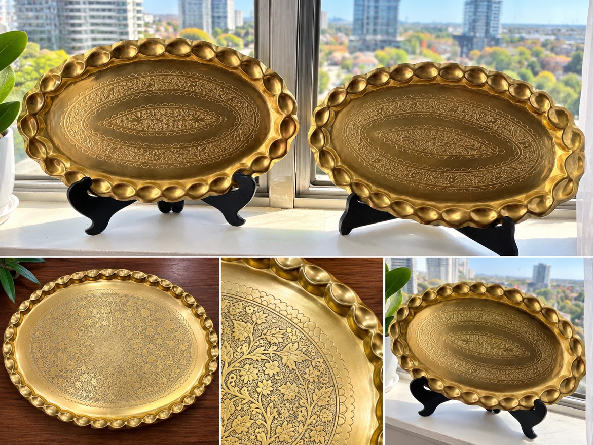 Set of two decorative brass trays