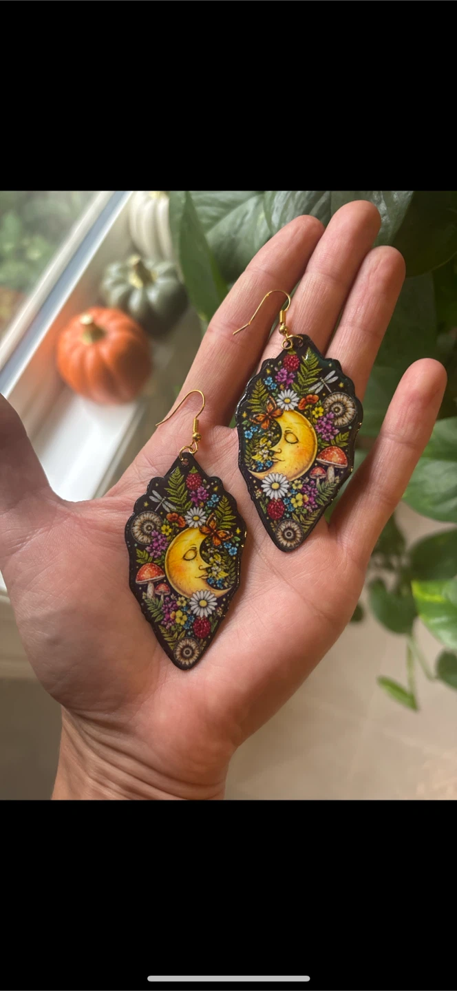 Crescent Moon and Floral Dangle Earrings