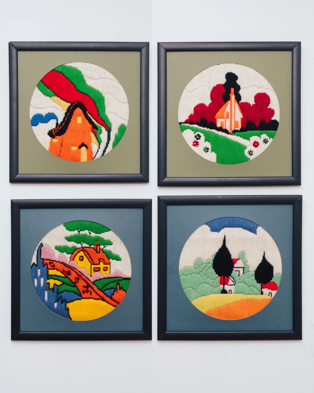 Set of 4 Vintage Clarice Cliff Needlepoint Pictures | Framed