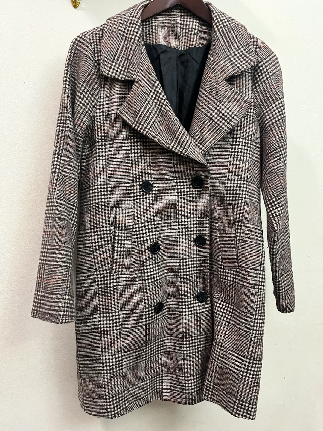 Women Black & White Plaid Double Breasted Trench Coat.