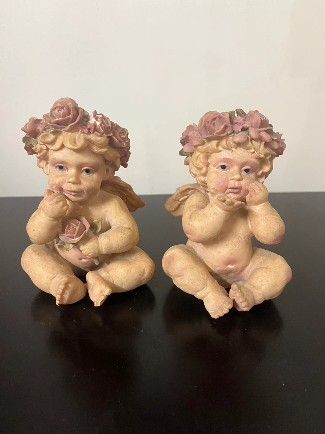 Set of Two Cherub Figurines with Flower Crowns