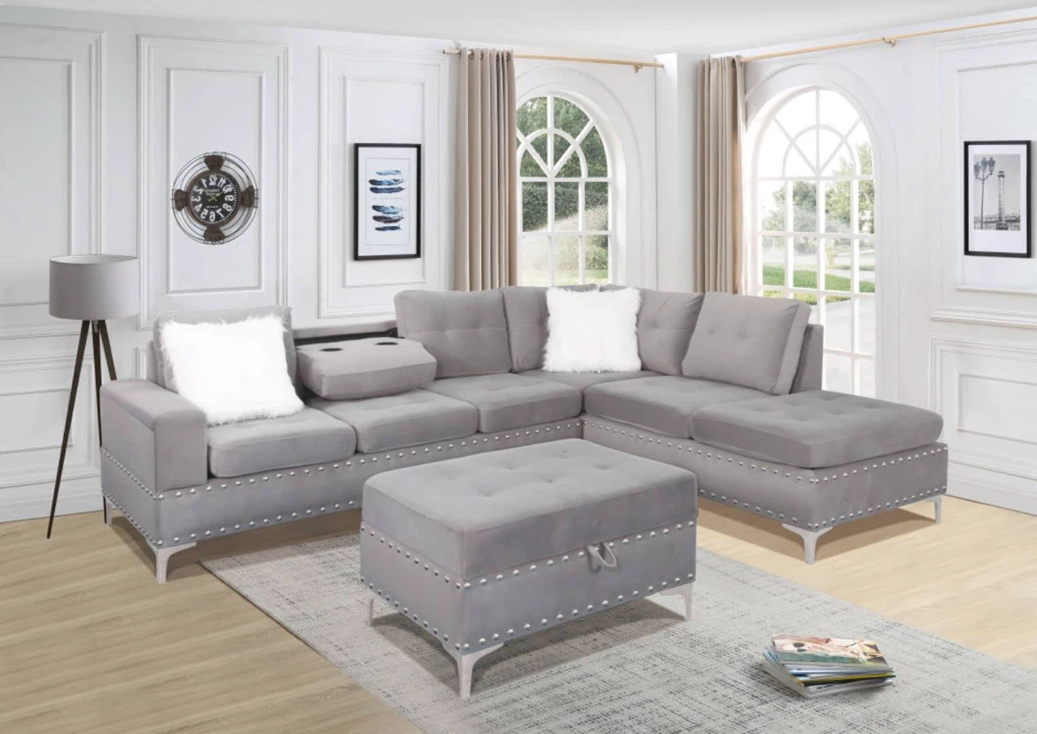 Velvet Sectional Sofa with Storage Ottoman - photo 5