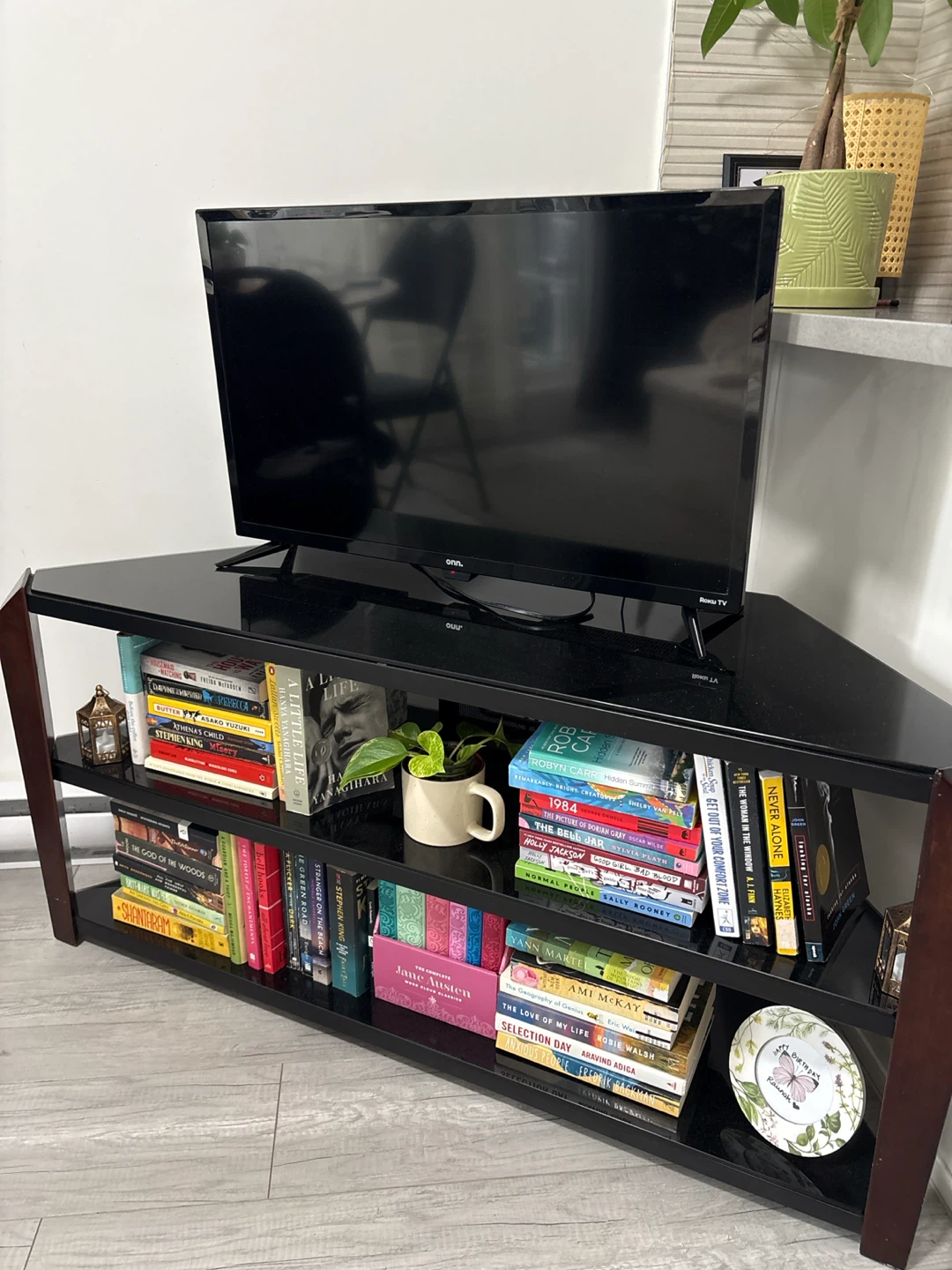 Black Glass Corner TV Stand