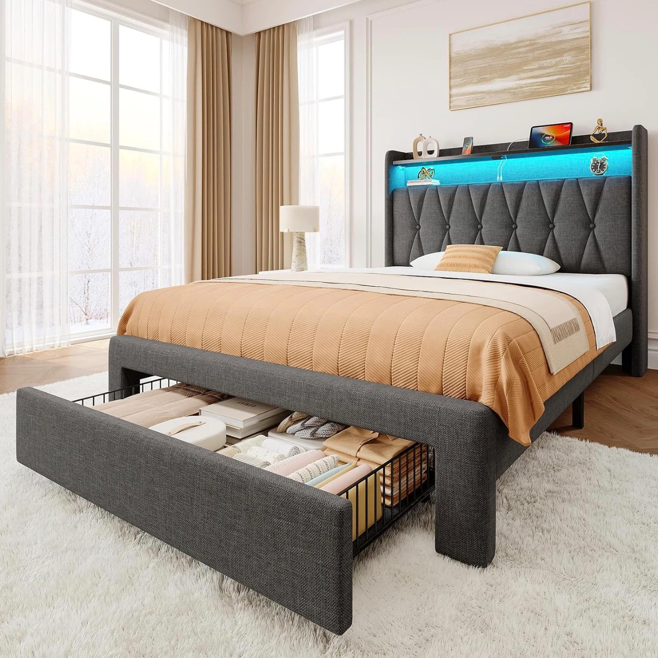 Twin Grey Upholstered Bed Frame with RGB Lighting and Storage