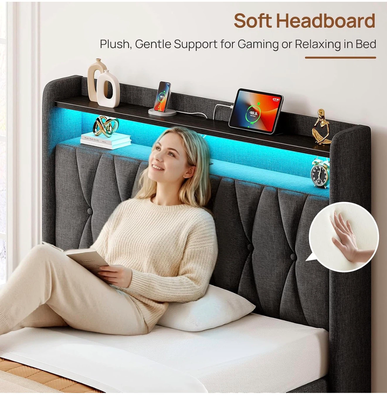 Twin Grey Upholstered Bed Frame with RGB Lighting and Storage - photo 4
