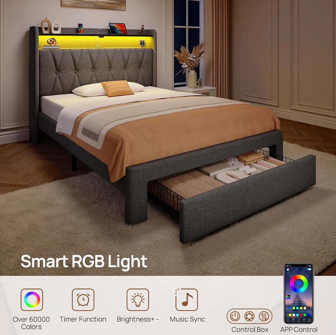Twin Grey Upholstered Bed Frame with RGB Lighting and Storage - photo 5