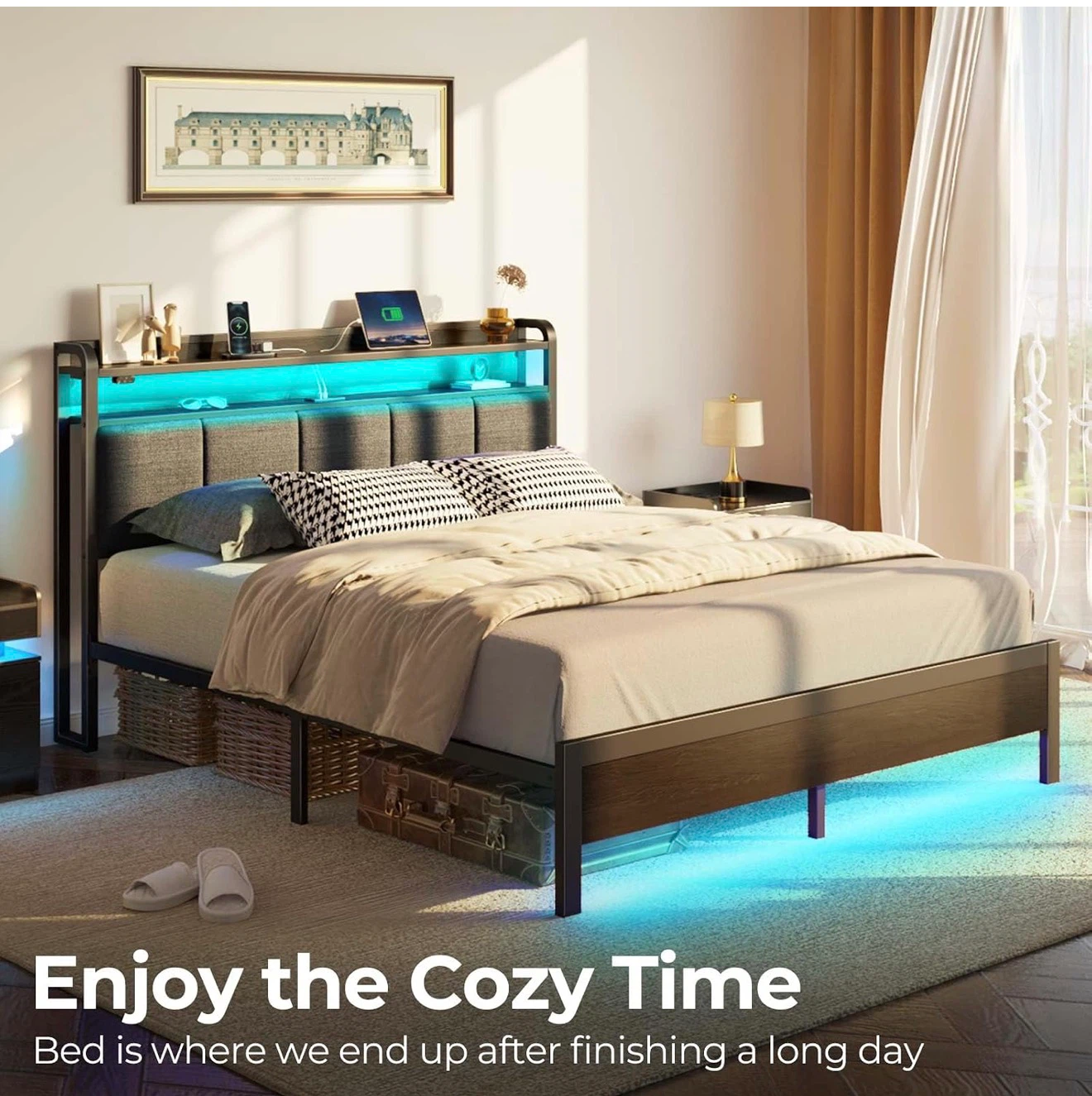 Queen Size Bed Frame with Storage Headboard and LED