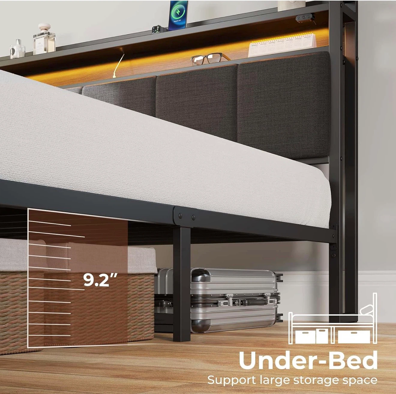 Queen Size Bed Frame with Storage Headboard and LED - photo 2
