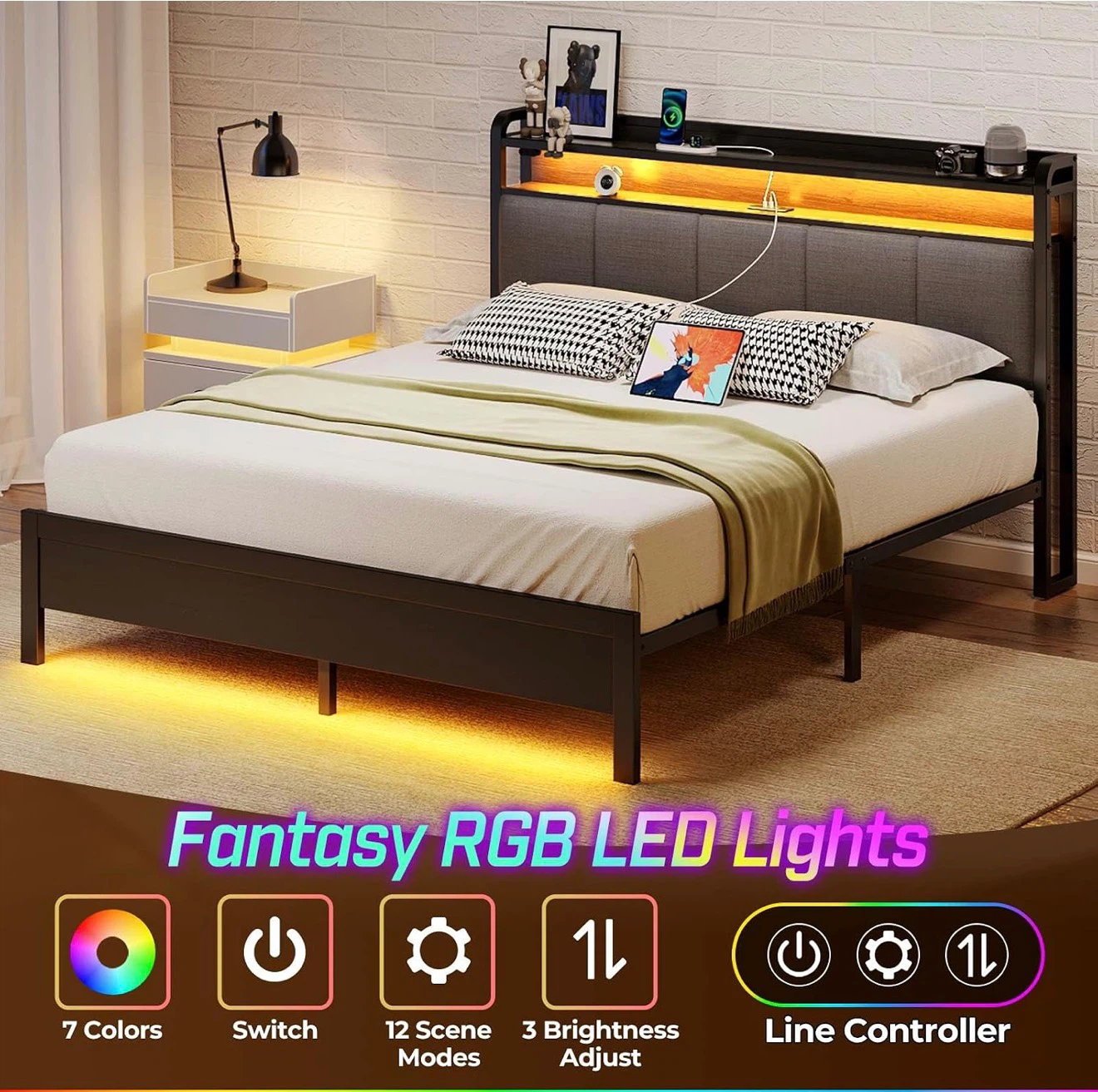 Queen Size Bed Frame with Storage Headboard and LED - photo 3