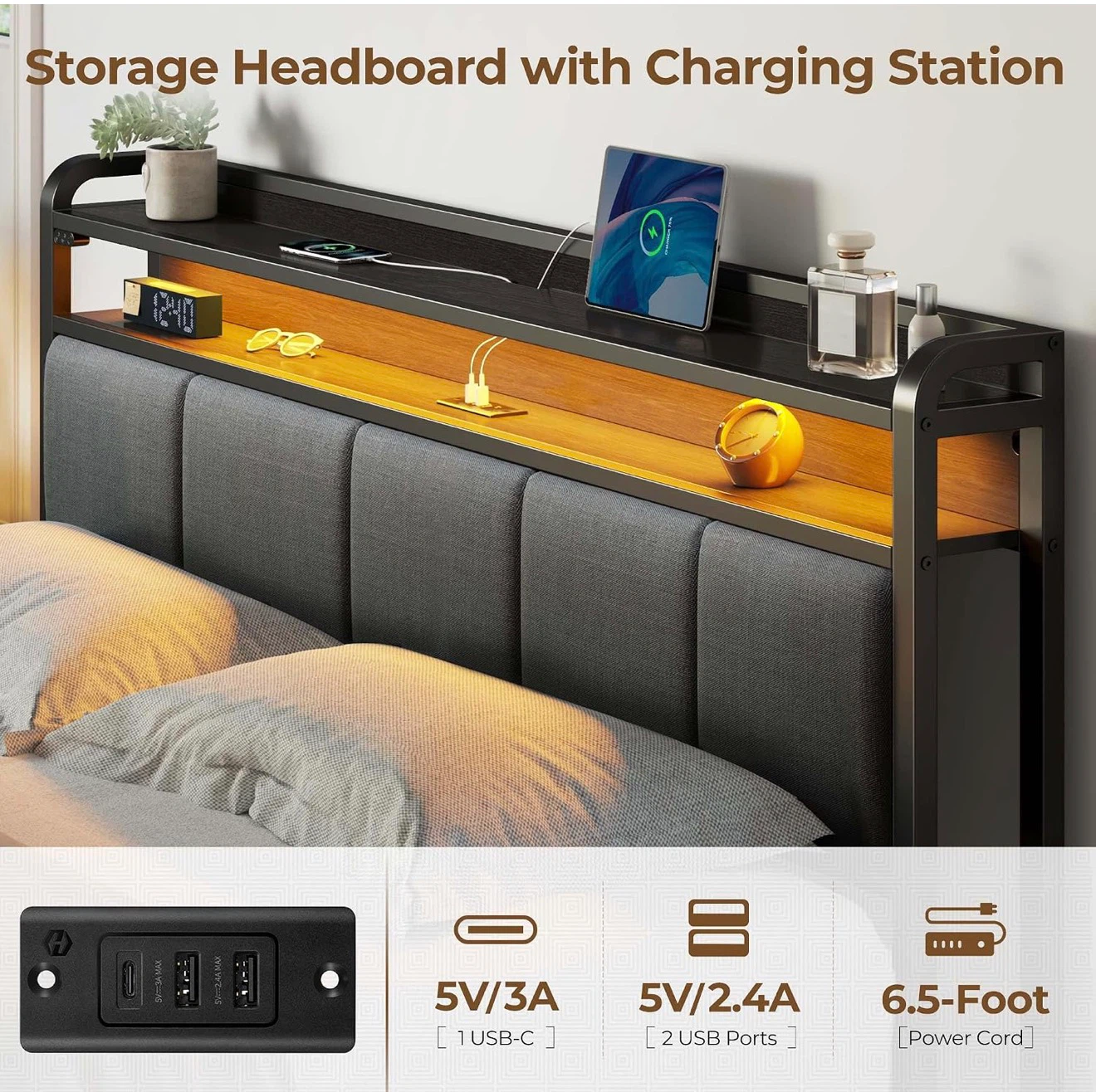 Queen Size Bed Frame with Storage Headboard and LED - photo 4