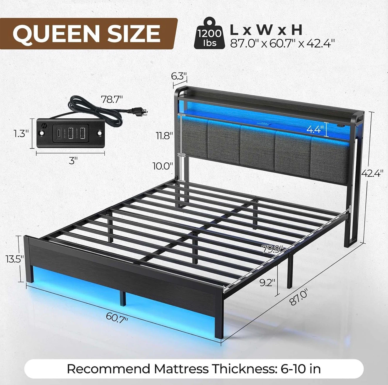 Queen Size Bed Frame with Storage Headboard and LED - photo 5