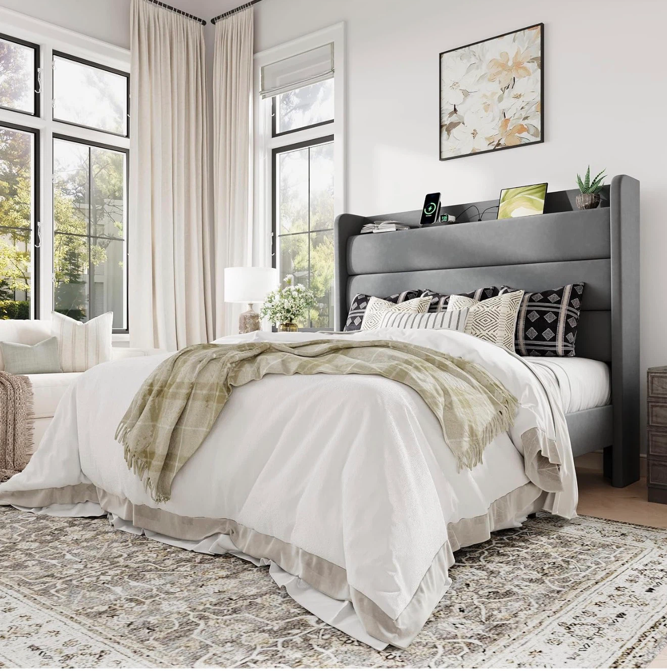Queen Size Grey Upholstered Wingback Bed Frame