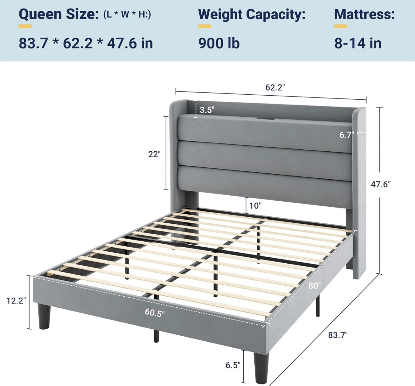Queen Size Grey Upholstered Wingback Bed Frame - photo 4