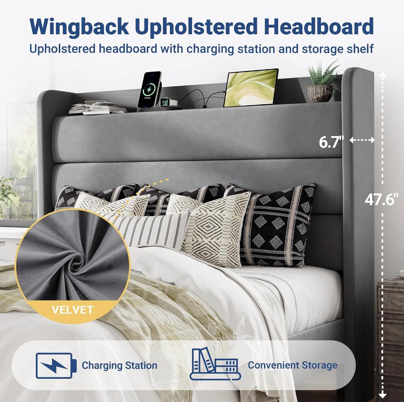 Queen Size Grey Upholstered Wingback Bed Frame - photo 5