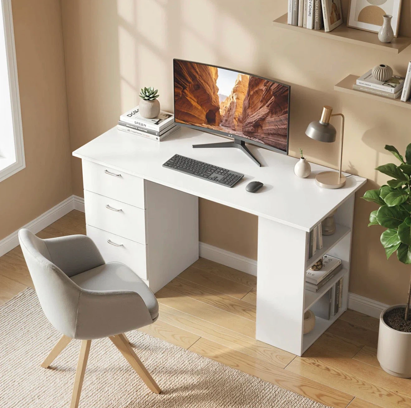 White computer desk with 3 drawers and side shelves