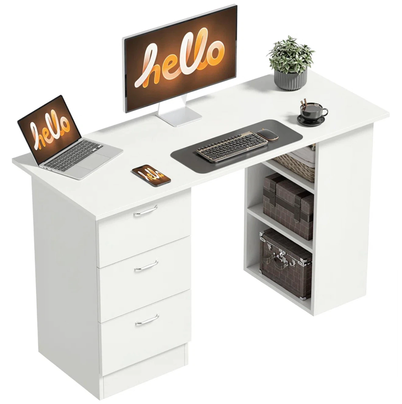 White computer desk with 3 drawers and side shelves - photo 2