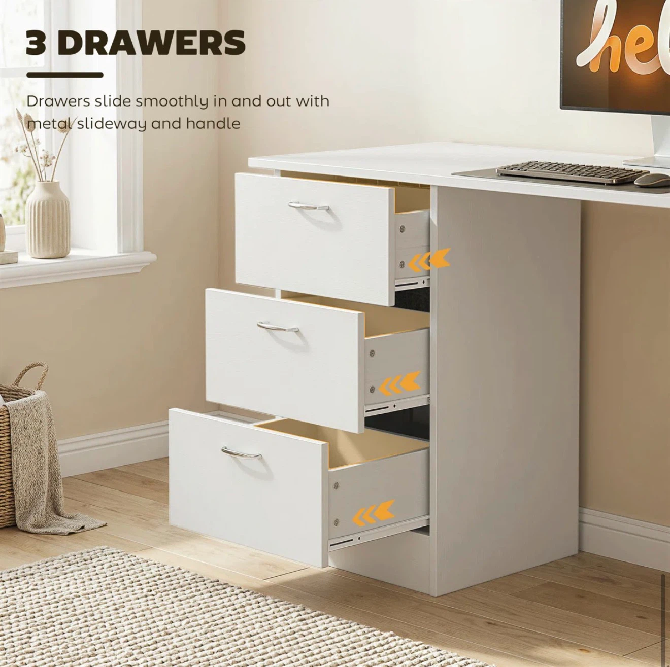 White computer desk with 3 drawers and side shelves - photo 3