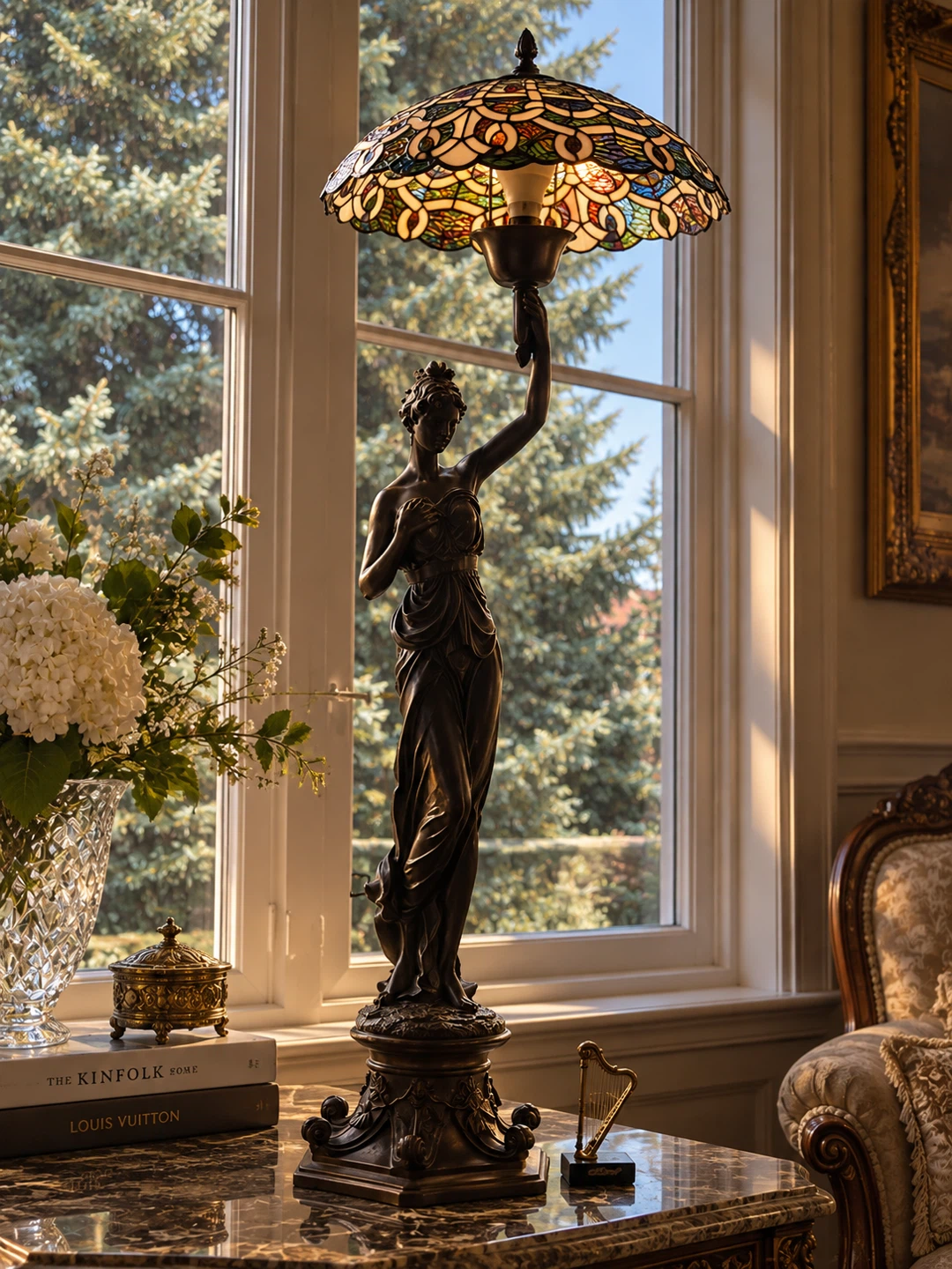 Neoclassical Figural Stained Glass Table Lamp