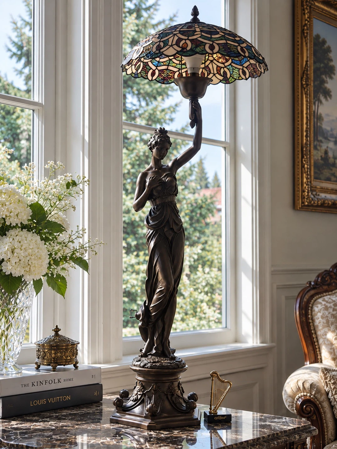 Neoclassical Figural Stained Glass Table Lamp - photo 2