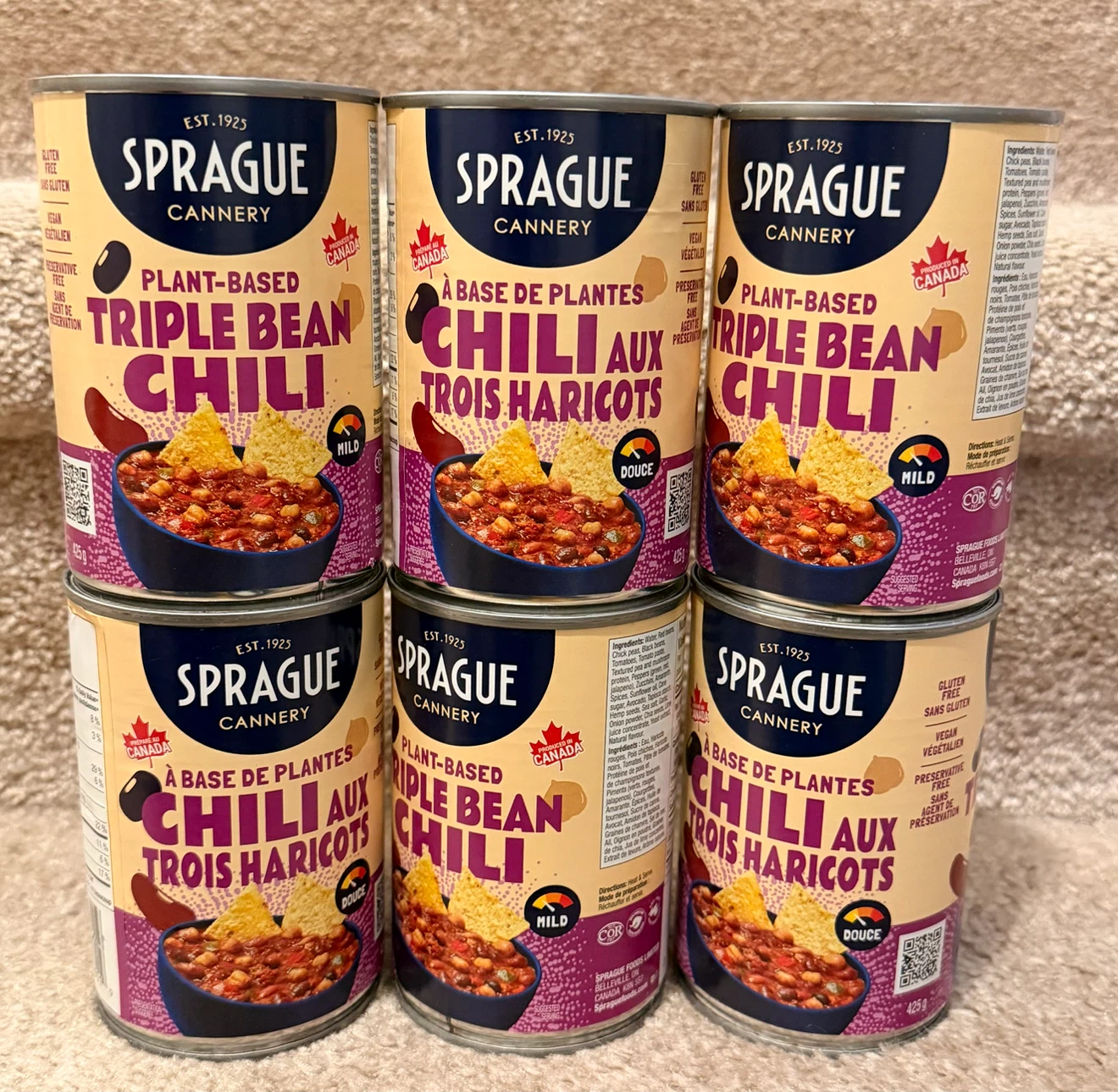 6 Cans of Sprague Plant-Based Triple Bean Chili BB 08/2029