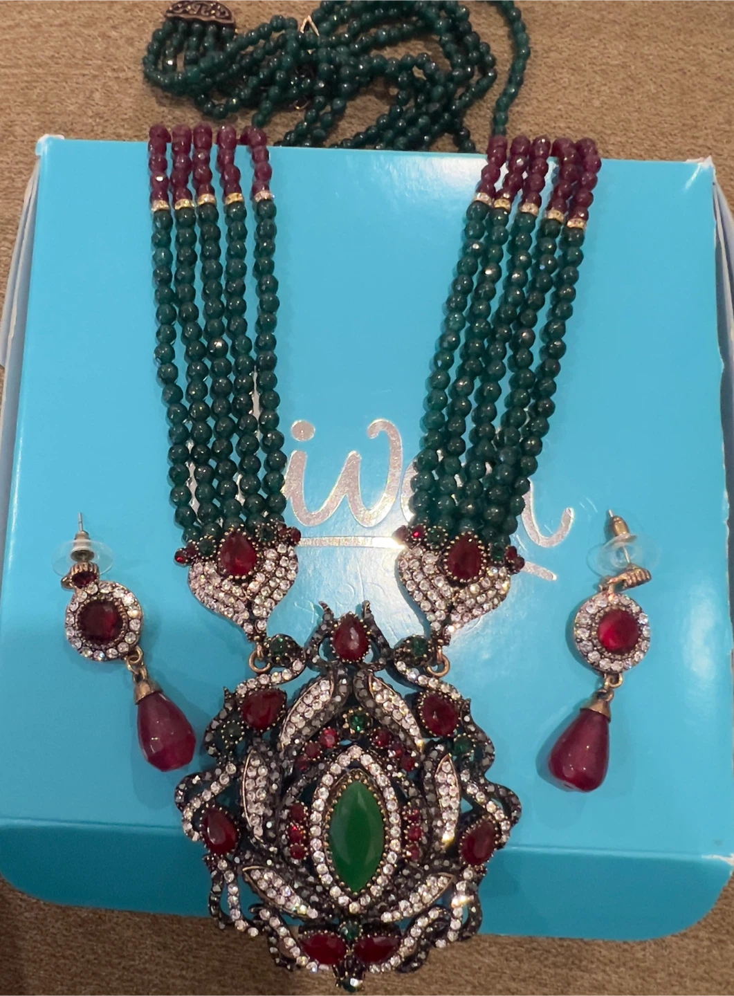 Green and Red Beaded Necklace and Earring European Set