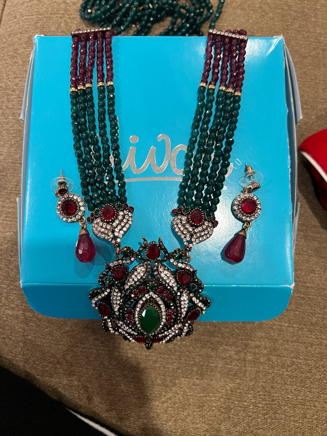 Green and Red Beaded Necklace and Earring European Set - photo 2