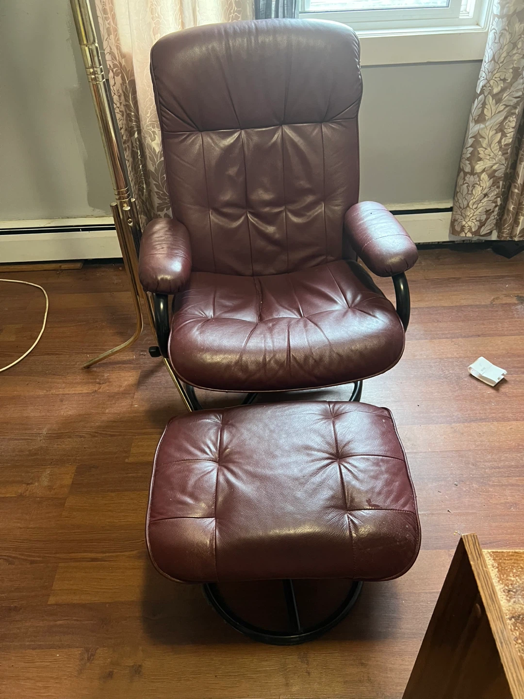Burgundy Leather Recliner with Ottoman