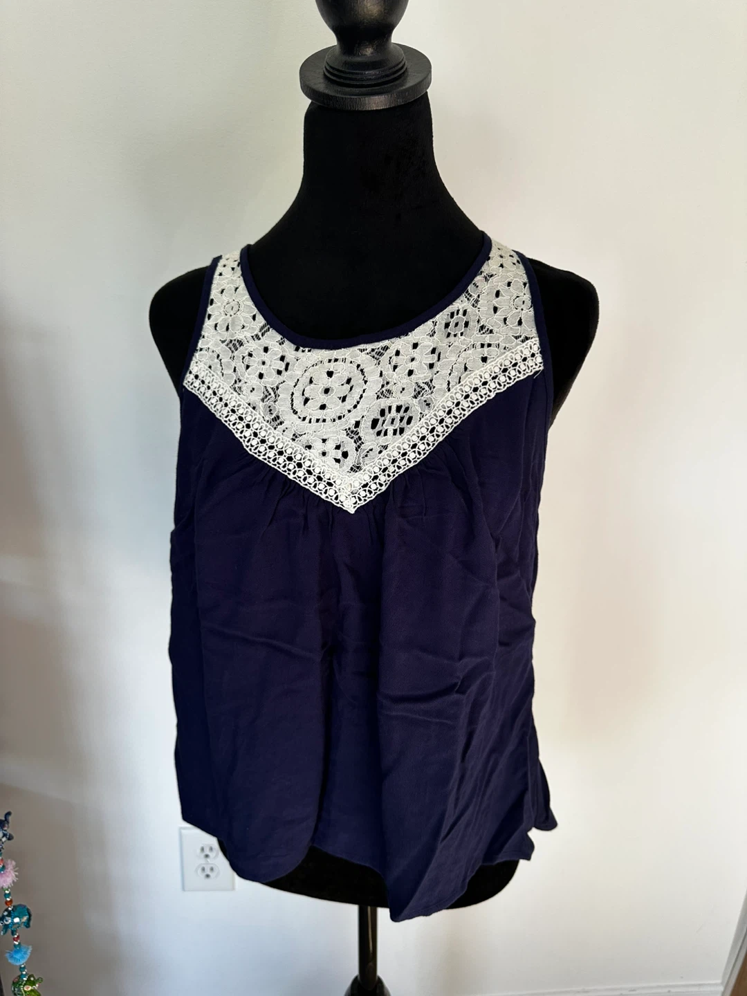 Navy Blue Sleeveless Top with Lace Detail