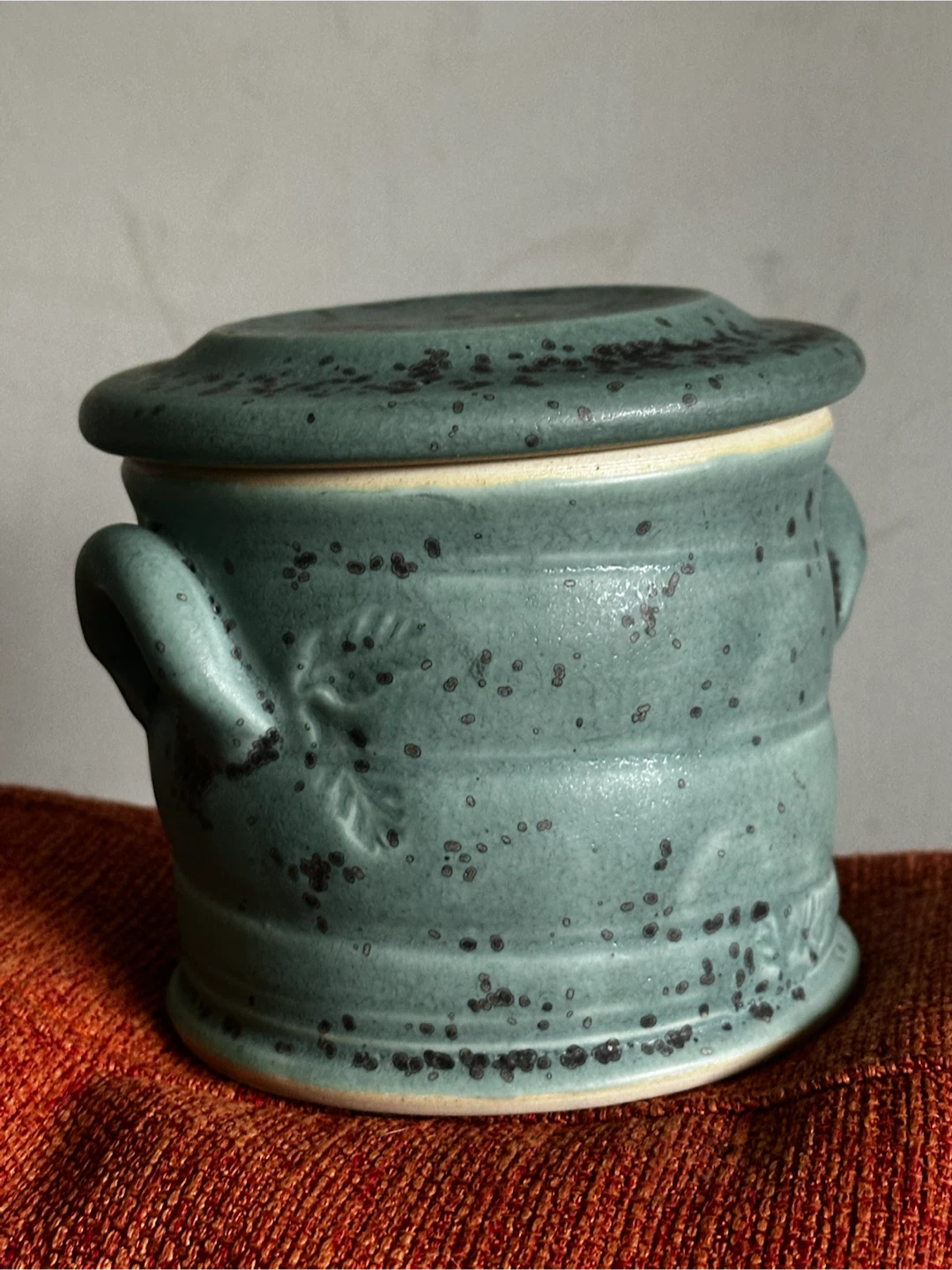 Vintage Wilson Studio Pottery Teal Leaf Butter Crock Keeper