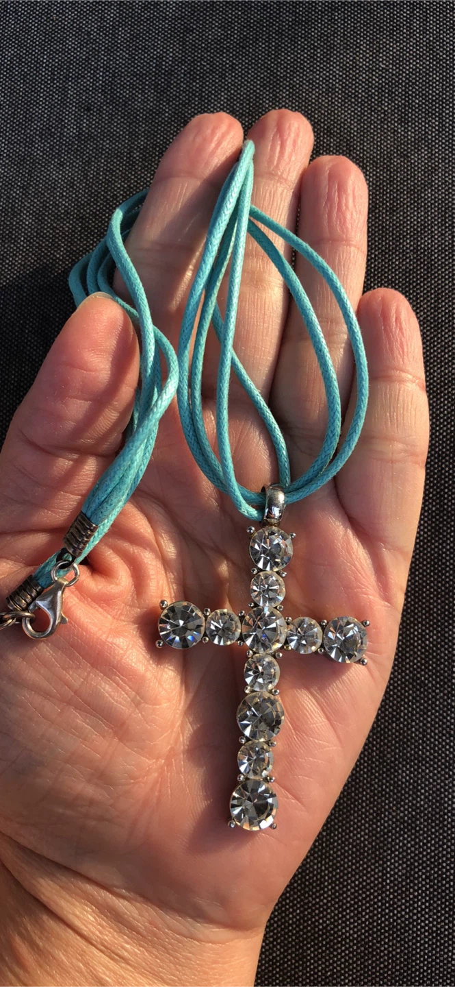 Big Rhinestone Cross Pendant with Blue Cord Necklace