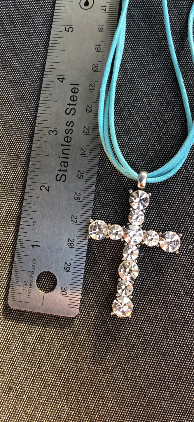 Big Rhinestone Cross Pendant with Blue Cord Necklace - photo 2