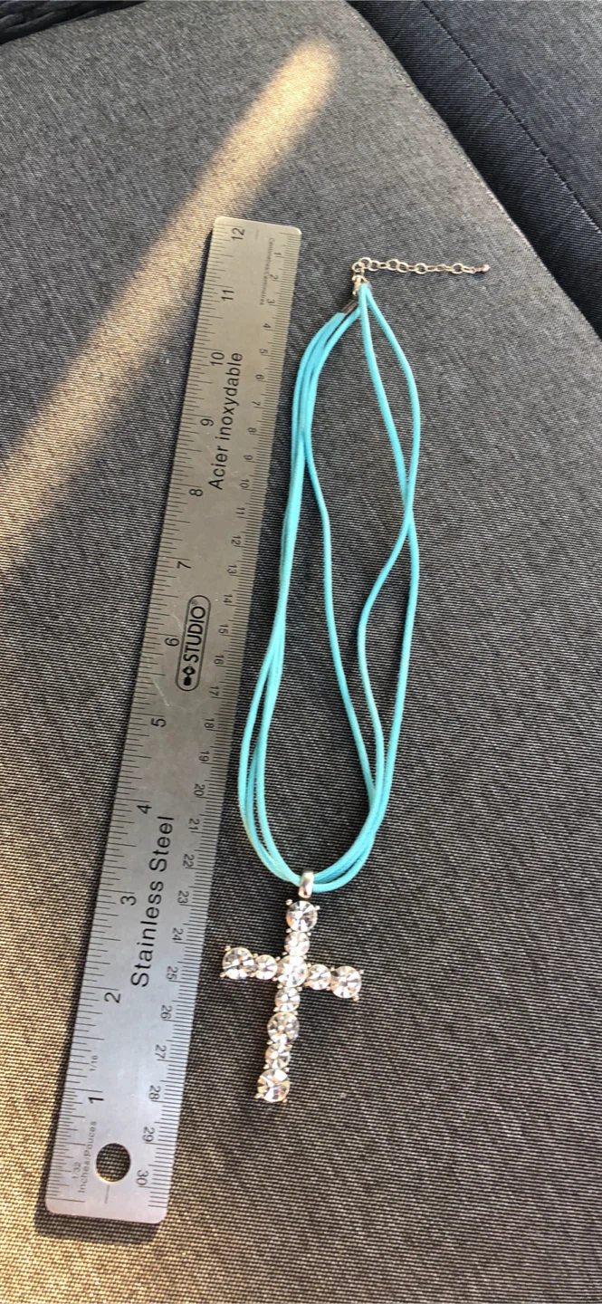 Big Rhinestone Cross Pendant with Blue Cord Necklace - photo 4