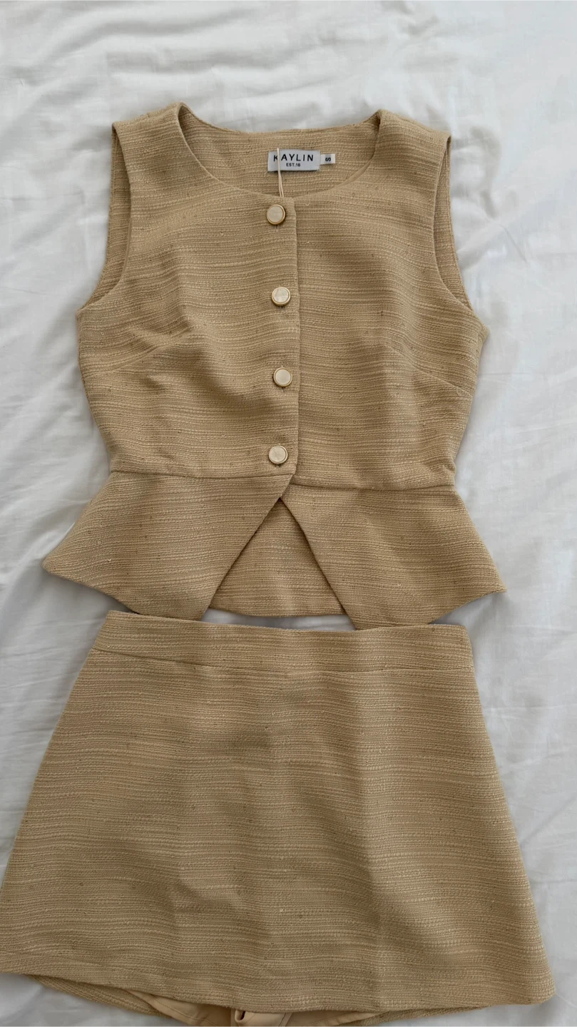 Beige Peplum Top and Skirt Set