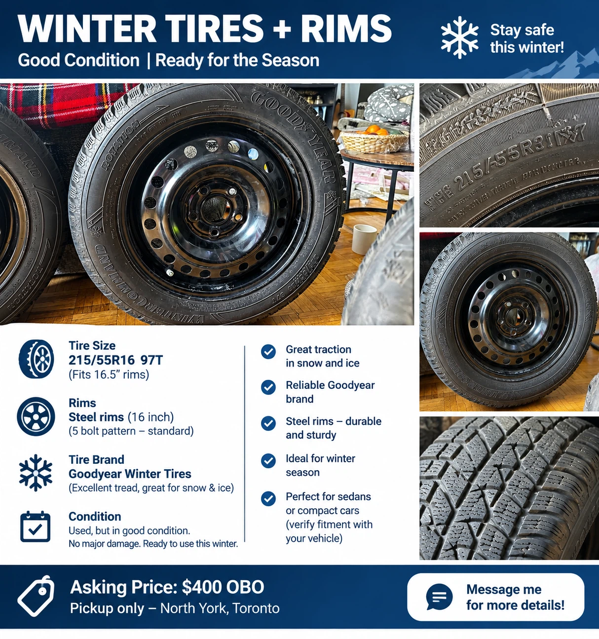 ❄️ Goodyear Winter Tires + Rims – Good Condition