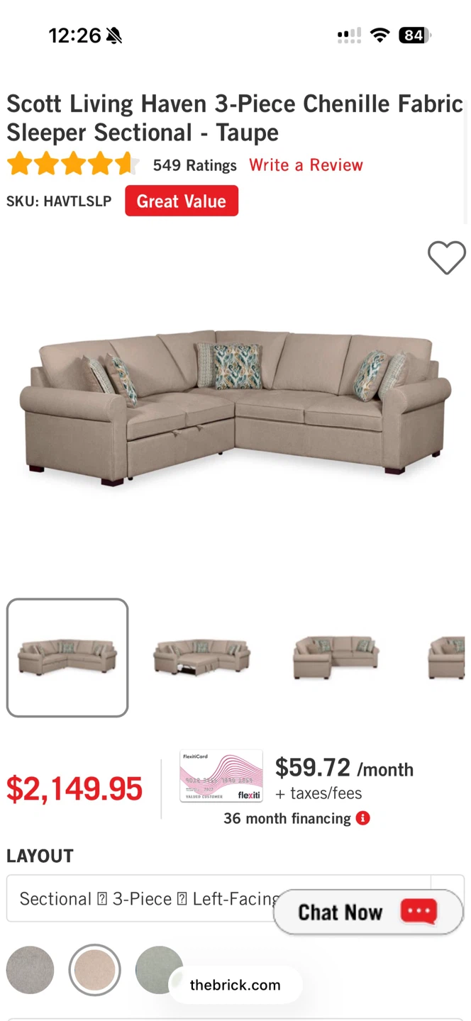 Scott Living Haven 3-Piece Chenille Sleeper Sectional