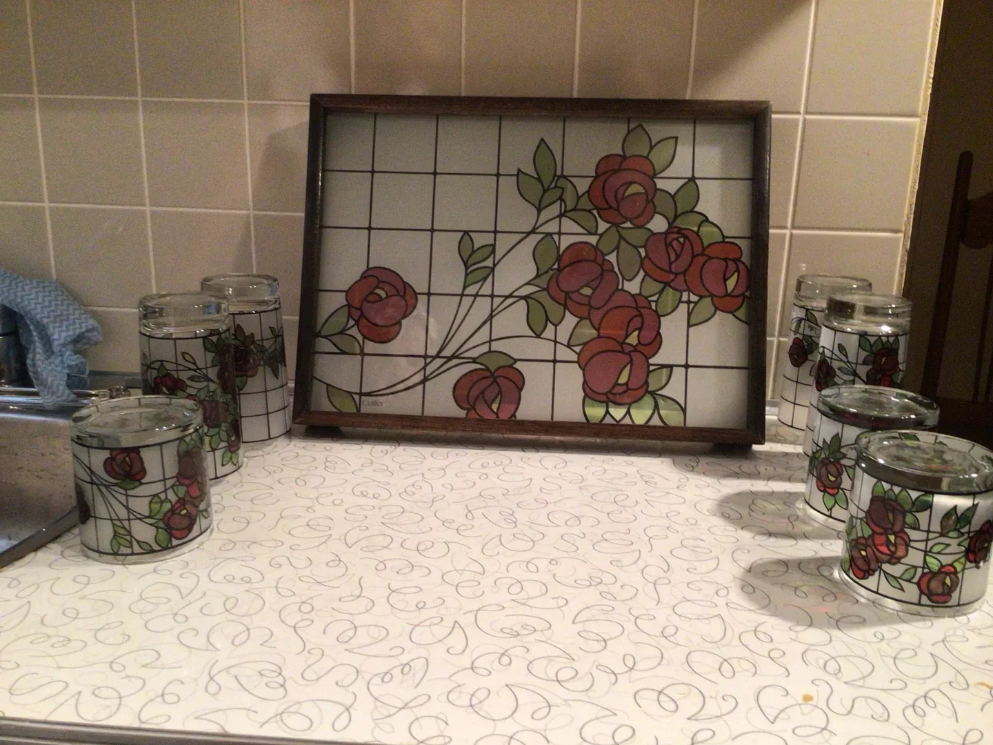 Cutler Stained Glass Rose Tray and Glass Set