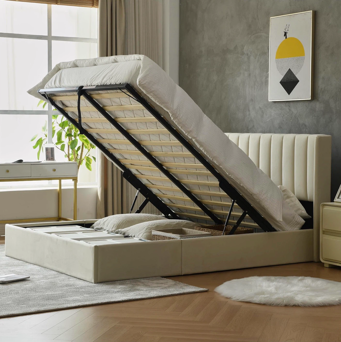 Cream Velvet Storage Bed - photo 2