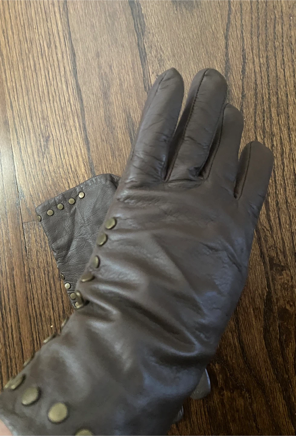 New Brown 100% Leather Lined Stud Detail Gloves - photo 2