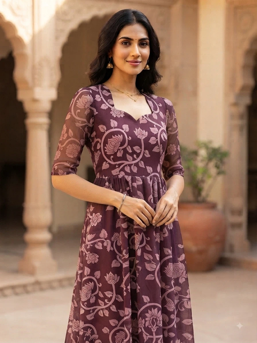 Floral Print Midi Dress - Burgundy
