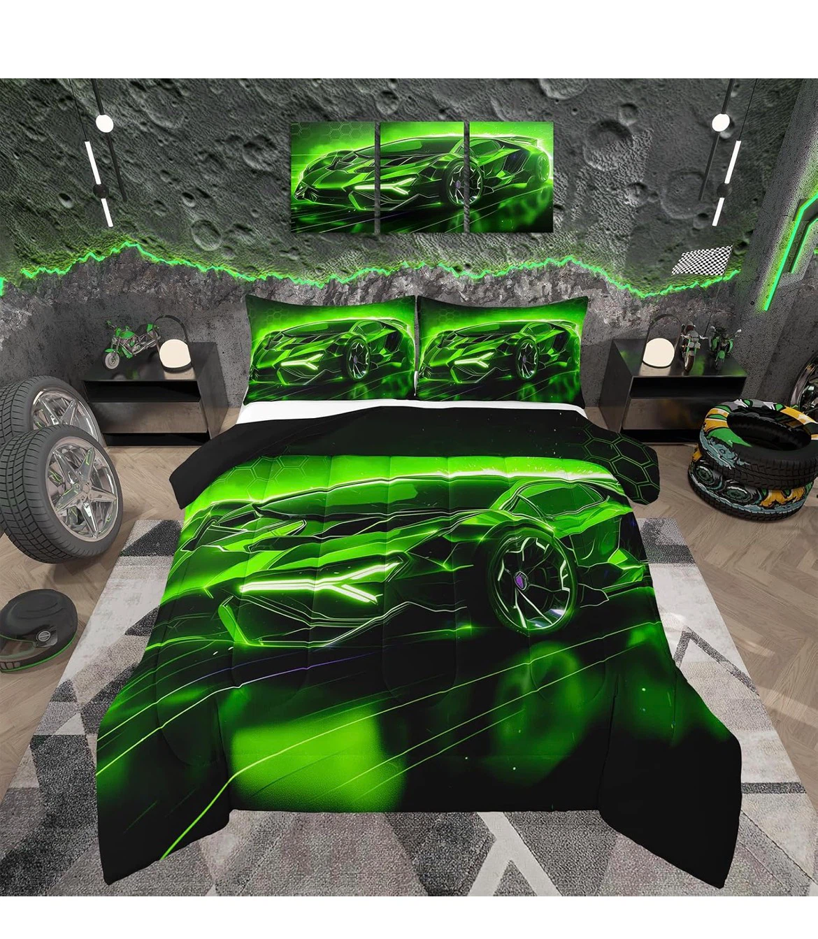 (KING size) Neon Green Sports Car Bedding Set