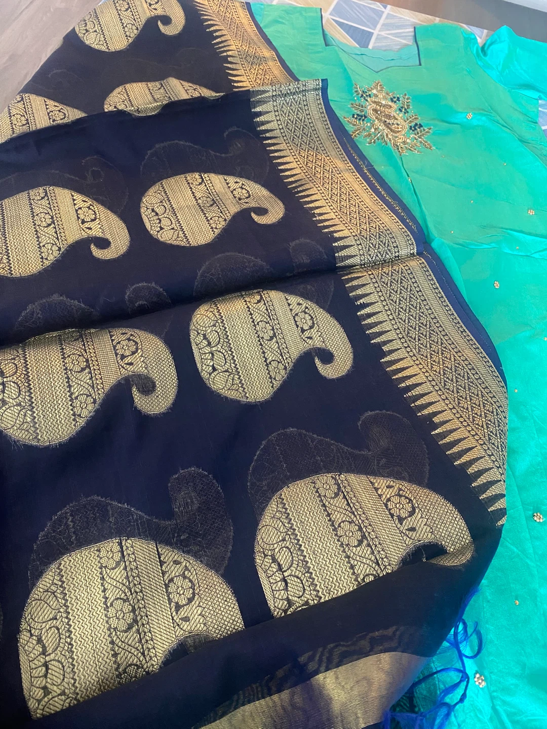 Teal and Navy Traditional Silk-Blend Salwar Kameez - photo 3