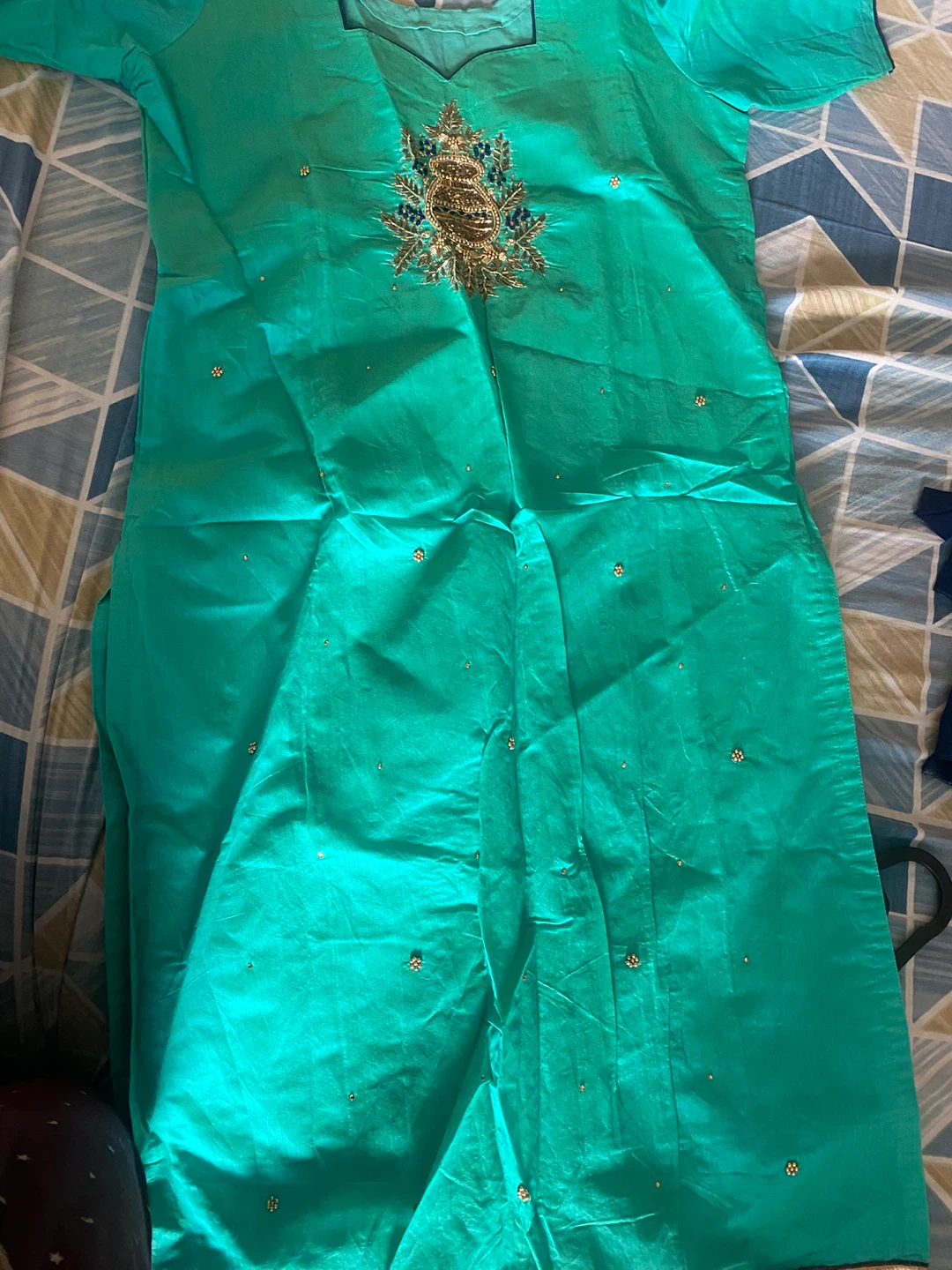Teal and Navy Traditional Silk-Blend Salwar Kameez - photo 4