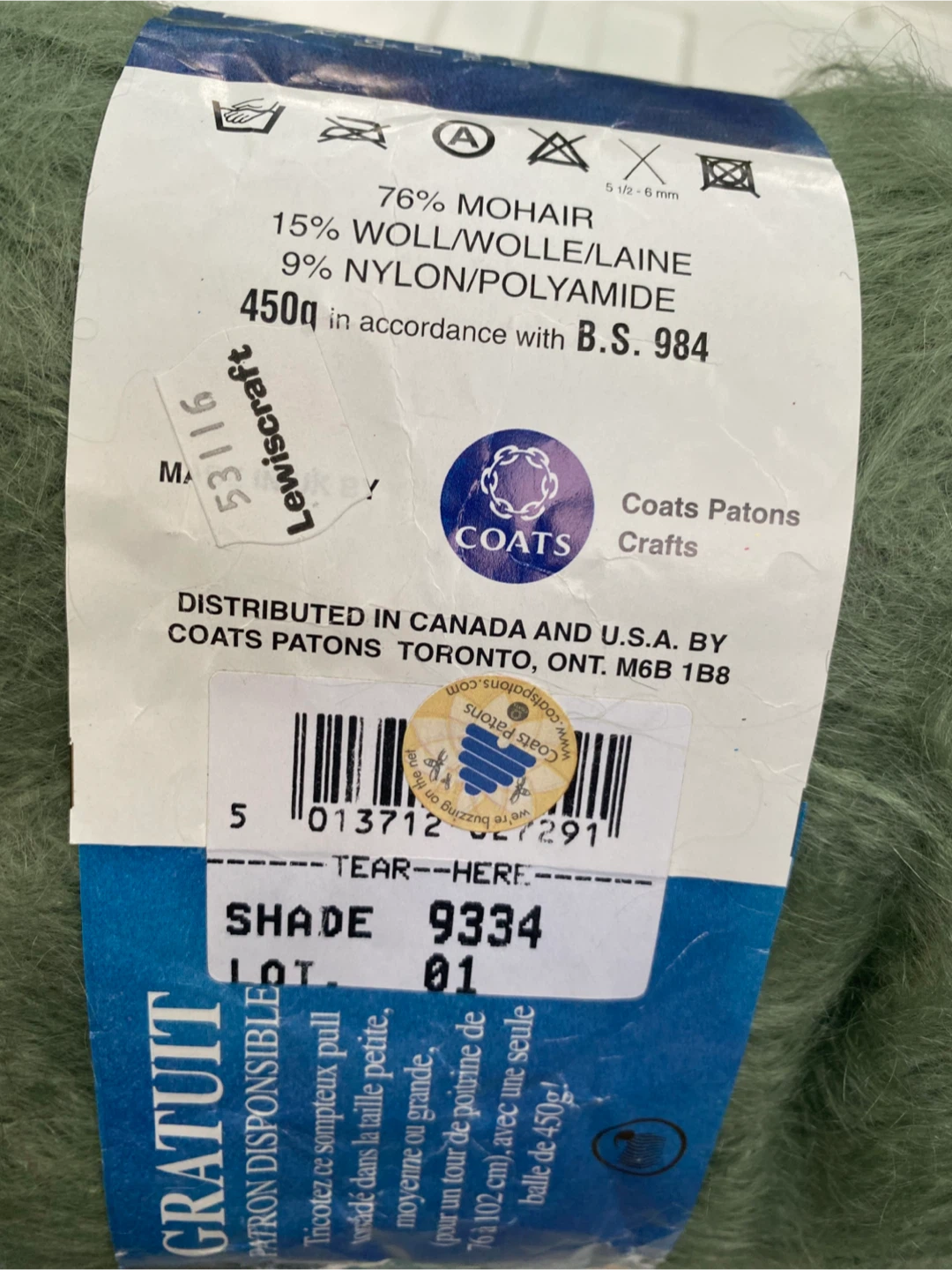 Huge Patons Knit 'n Save Mohair Yarn 450g - Green - photo 3