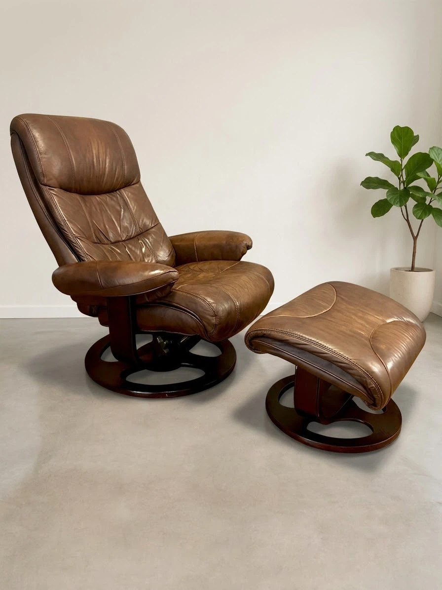 Vintage Genuine Leather Swivel Reclining lounger & Ottoman