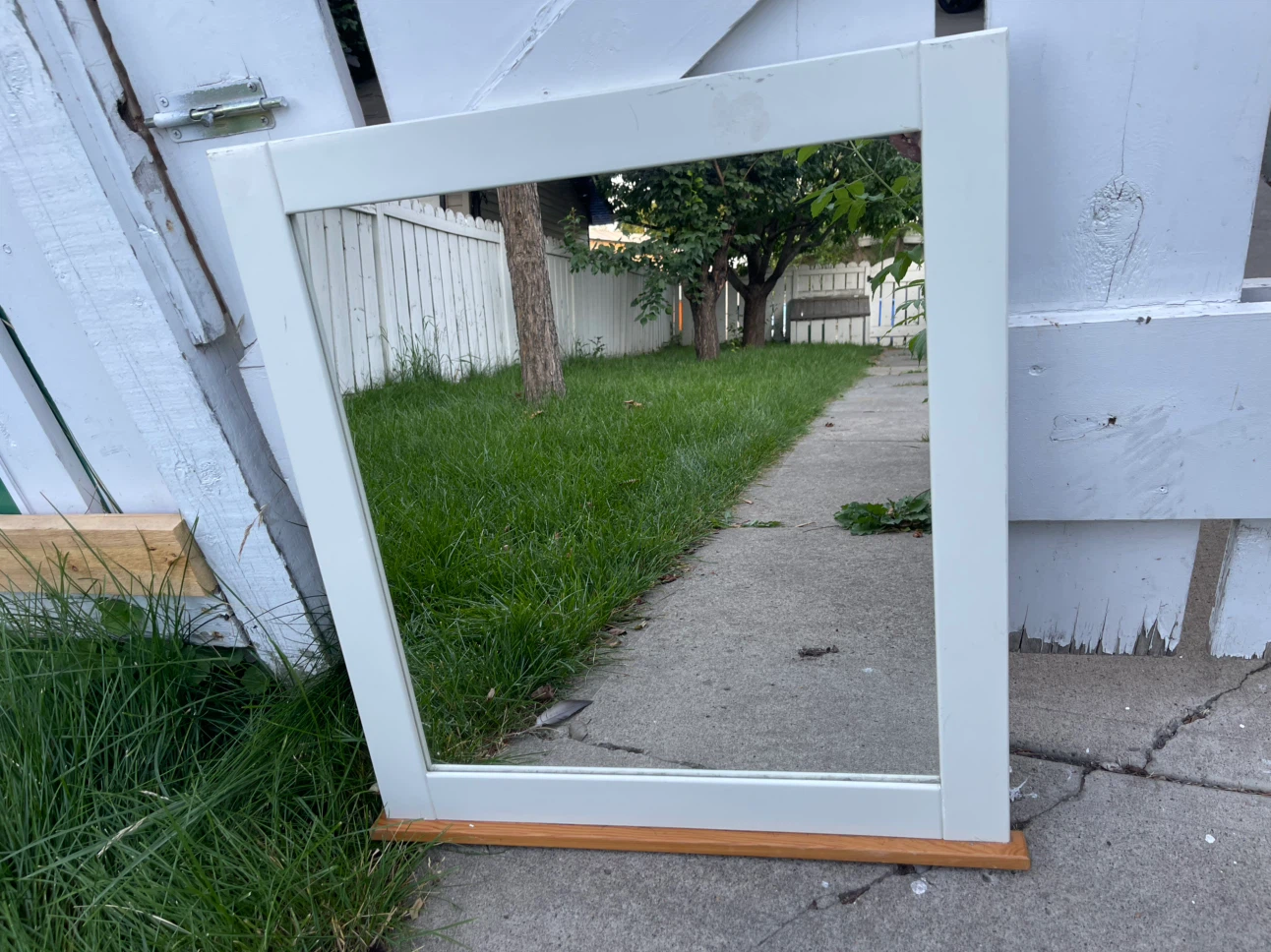 White Wall Mirror with Wooden Base